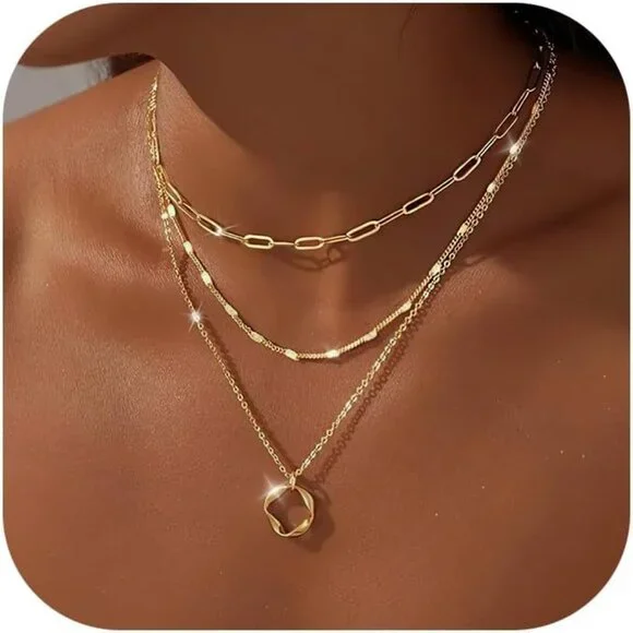 Elegant 3-Pc Layered Necklace Set for Women - 14K Gold Plated & Adjustable - Picture 1 of 7